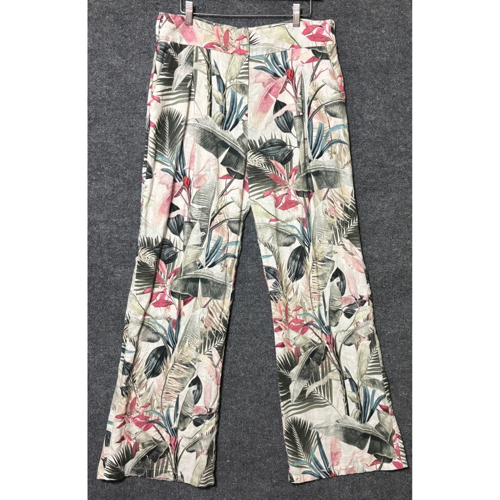 Studio F Womens 12 Wide Leg Pants Multicolor Tropical Floral Linen Blend